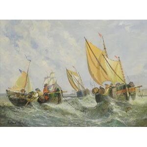 Painting by English artist Richard Temple of Dutch sailing barges in a squall.