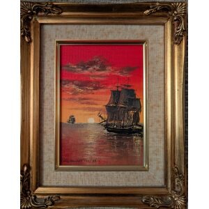 Nigel Hallard painting of sailing ships at sunset