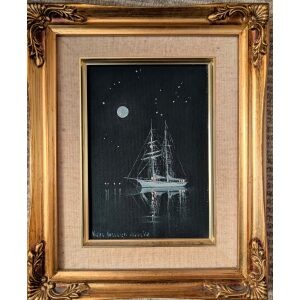 Nigel Hallard painting of a ship by moonlight