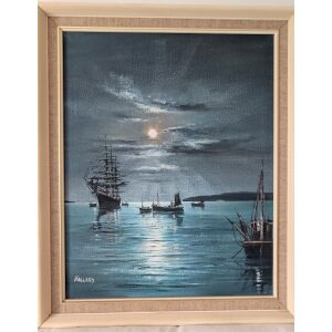 Nigel Hallard painting of a clipper in moonlight