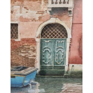Noel Shepherdson watercolour painting of Venice - A doorway and a blue boat on a canal in Venice.